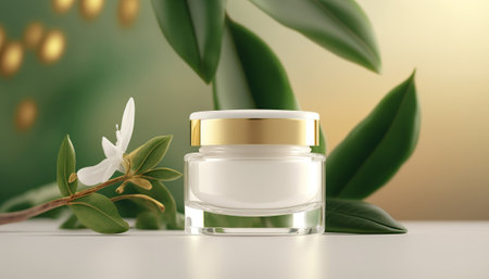 Organic cosmetic beauty cream product with green leaves and white flowers. Eco body care moisturizer on abstract horizontal background with copy space. AI generative image.の素材