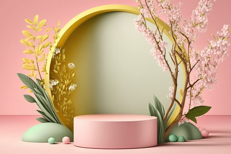 Abstract background with minimal cylindrical podium display and beautiful blossom plants. pastel colors. Springtime showcase layout. AI generative picture.の素材