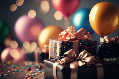 Birthday celebration composition with gift boxes, silk shiny bows and ribbons, confetti and other holiday decorative elements. selective focus. Indoor blurred background with place for text. AI generated picture.の素材