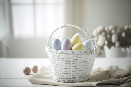 Happy easter greeting layout. Spring time holiday decoration. AI generated picture.の素材