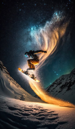 Snowborder doing trick on amazing starry night sky. Winter background, extreme sport illustration. Vertical splash screen template. AI generative image.の素材