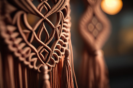 Close up illustration of beautiful hand made macrame, popular knitting hobby. Decorative element, indoor horizontal background with copy space. AI generative image.の素材
