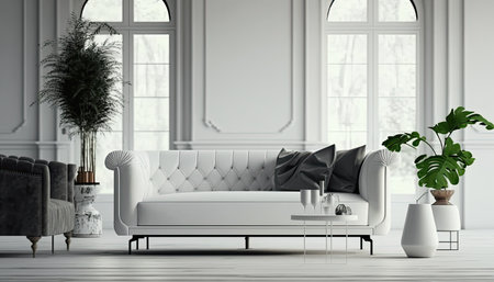 Beautiful bright luxury interior with sofa. indoor background. horizontal format. AI generative image.の素材