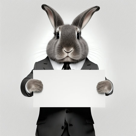 Illustration of anthropomorphic bunny businessman with blank empty white sign in hands. copyspace. AI generative image.の素材