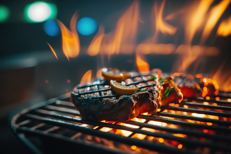 Preparing process of tasty juicy meat on grill fire, roasted grilled food illustration, cooking. indoor horizontal background. AI generative image.の素材