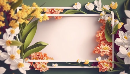 Springtime different flowers border frame with copy space in the middle. beautiful floral background. AI generative image.の素材