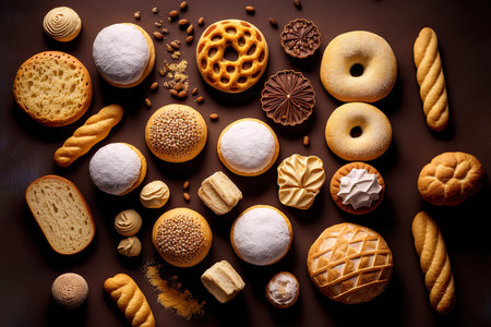 Various fresh and tasty bakery products. Top view close up home made buns and cookies concept. pastry food collection. Flat lay composition. AI generative image.の素材