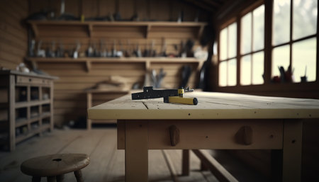 Carpentry workshop spacious studio with wooden table. Horizontal indoor background with copy space. AI generative image.の素材