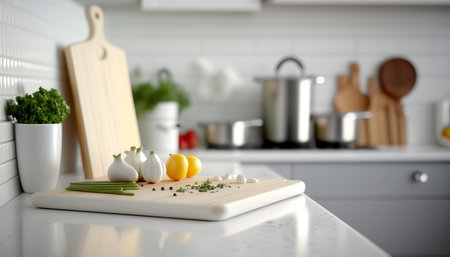 Close up chopping or cutting wooden board with vegetables on the table, day light kitchen interior, indoor horizontal background with copy space. AI generative images.の素材