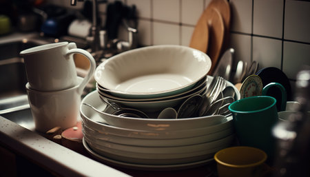 Kitchen sink with dirty dishes, pile of unclean utensils, household chores illustration, indoor horizontal background. AI generative image.の素材