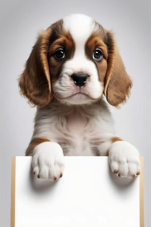 Cute adorable puppy with paws over empty clean white cardboard sign with copy space. AI generative image.の素材