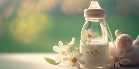 Close up baby milk bottle on beautiful sun shine spring blossom background with copy space. motherhood concept. AI generative image.の素材