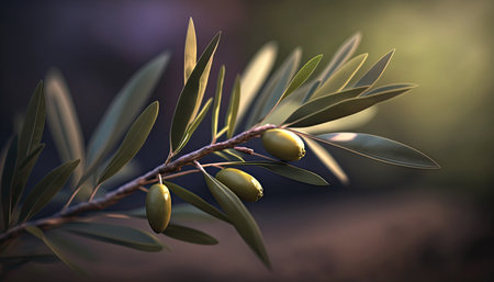 Beautiful closeup olive tree branch with ripe olives. outdoor sunny background. horizontal format. AI generative image.の素材