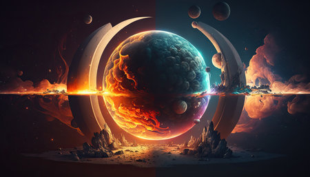 Abstract space core fantasy background with planet and glowing sky horizontal background. AI generative image.の素材