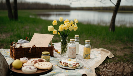 Retro style picnic by the spring lake. outdoor nature horizontal background. AI generative image.の素材