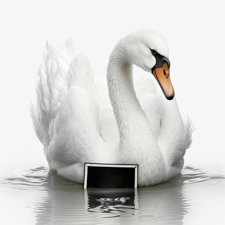 Beautiful wild white swan bird with empty table signboard. AI generative image.の素材