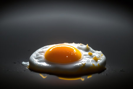 Close up fried egg, morning breakfast concept. Horizontal black background. AI generative image.の素材