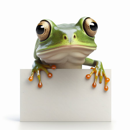 Cute, funny and adorable frog with empty blank sign with copy space. AI generative image.の素材
