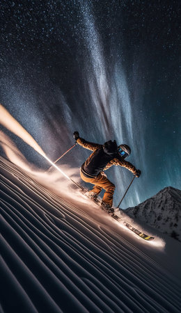 Extreme jumping skier with big snow cloud in a long exposure motion. Fantastic night sky with stars and Nortern lights. Extreme sport vertical background. AI generative image.の素材