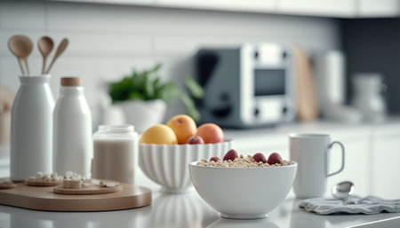 Comfortable spacious modern kitchen. white colors. Breakfast time sunlight indoor horizontal background. Cozy interior. AI generative image.の素材