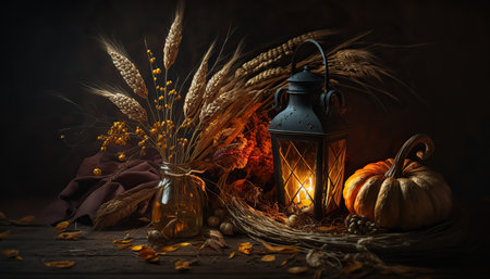 Autumn season harvest concept. Rural still life with seasonal vegetables and decorative elements. horizontal format. AI generative image.の素材