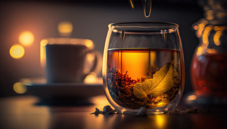 Close up hot tasty black tea, traditional breakfast drink. Dark indoor horizontal background. AI generative image.の素材