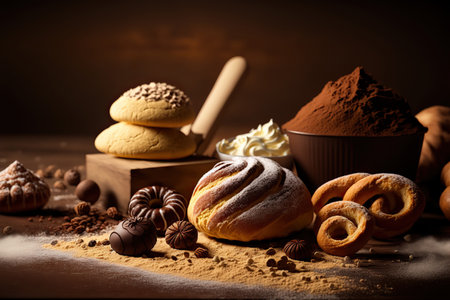 Assorted fresh bakery and pastry confectionery products. Loaves of bread, and sweet buns. AI generative image. Different baked goods still life illustration. AI generated picture.の素材