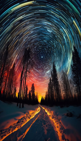 Breathtaking landscape with starry night sky and coniferous forest silhouette. Long exposure star trails. vertical format. AI generative image.の素材