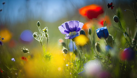 Beautiful sunny meadow with different multicolored wild flowers. Blooming field outdoor floral horizontal background. AI generative image.の素材