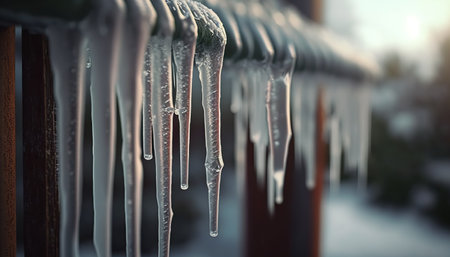 Horizontal banner with close up thawing icicles. water drops. Spring is coming. AI generated picture.の素材