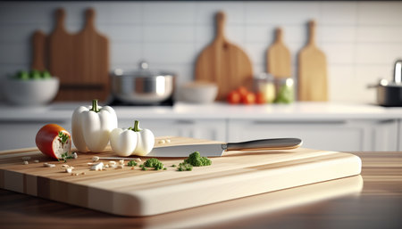 Close up modern kitchen table with cutting or chopping board, vegetables and knife. Indoor sun light background with selective focus. AI generative image.の素材