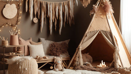 Boho style child's room, cozy bright interior. horizontal indoor background. AI generative image.の素材