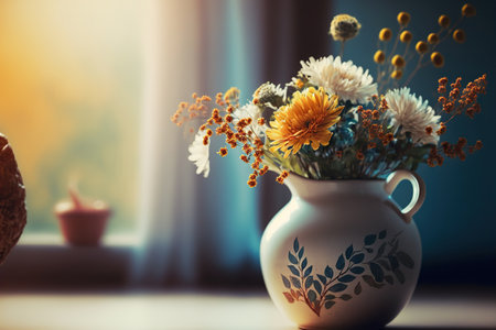 Spring time still live with bouquet of flowers in vase on blurred window horizontal background. AI generative image.の素材