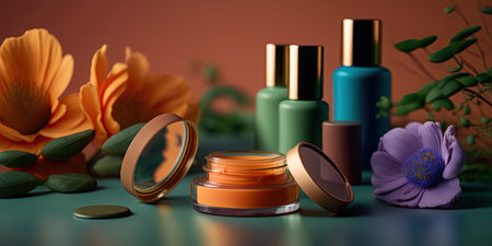 Beautiful composition made of closeup organic cosmetic products and spring flowers on bright background. natural beauty care concept. horizontal banner. AI generative image.の素材