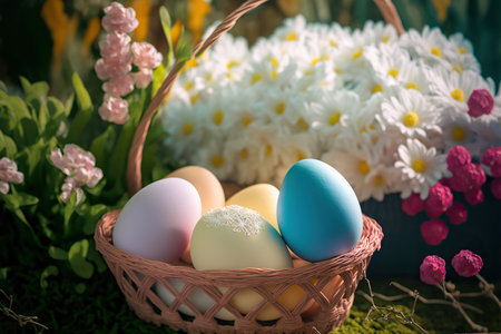 Basket with painted Easter eggs, floral nature background. selective focus. AI generated image.の素材