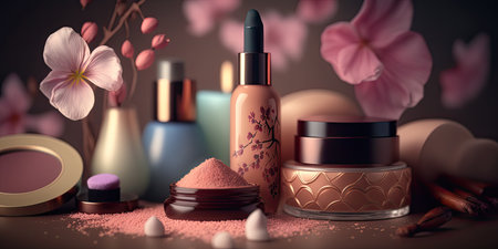 Closeup of various organic cosmetic products, springtime bright background. show case. natural beauty care. horizontal banner. AI generative image.の素材