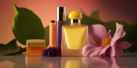 Beautiful composition made of closeup organic cosmetic products and spring flowers on bright background. natural beauty care concept. horizontal banner. AI generative image.の素材