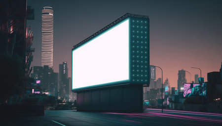 Empty clean ad horizontal glowing billboard on neon night cyberpunk city background mockup. copyspace. AI generative image.の素材