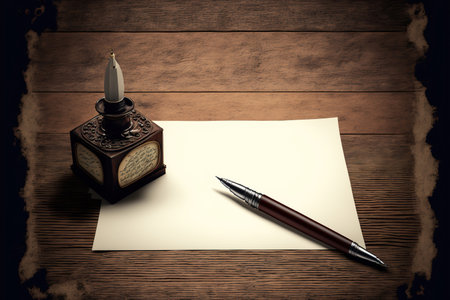 Vintage background with parchment, inkwell and fountain pen. calligraphy tool. copyspace. Mockup for your text. AI generated picture.の素材