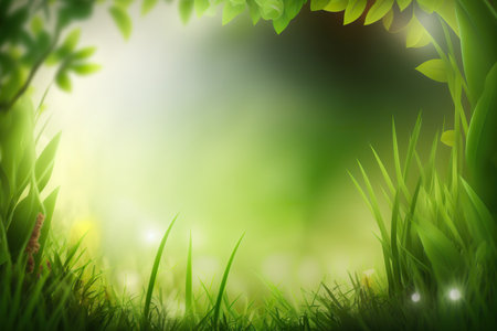 Beautiful abstract spring green grass background with copy space. Blank place for text. herbal border. AI generative image.の素材