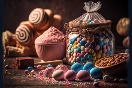 Delicious pastry and confectionery products. Different sweets. closeup. AI generative image.の素材