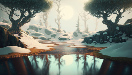Beautiful fantasy dense forest stunning landscape with spring melting snow old growth trees. Magic woods background with copy space. Fairy tale outdoor backdrop. AI generative image.の素材
