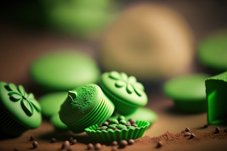 Various green color sweets, confectionary and pastry products. horizontal format. AI generative image.の素材