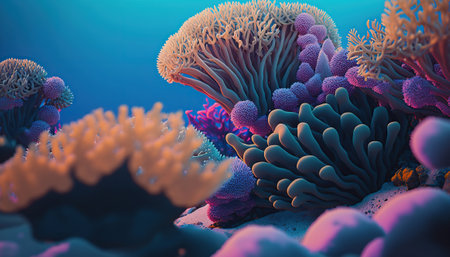 Beautiful underwater scene with coral reef ocean bottom horizontal background. tropical marine nature backdrop. AI generative image.の素材