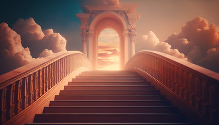 Stairway to heaven. Sunrise sky with clouds and stairs. Abstract outdoor background. AI generative image.の素材