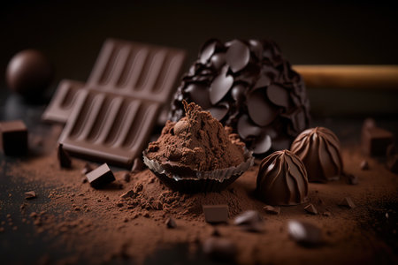 Close up different dark and milk chocolate bars and candies, confectionary products indoor horizontal background. Tasty delicious food. AI generative image.の素材