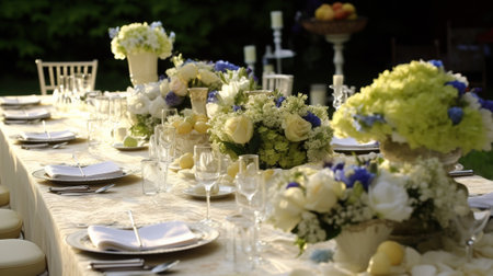 Luxurious outdoor table setting with beautiful decorative flowers and dishware. Wedding or other event celebrate horizontal illustration. AI generative image.の素材