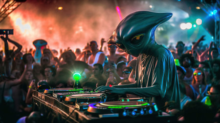 Extraordinary space alien dj in nightclub. Futuristic music disco party. neon light. Invitation horizontal poster template. AI generative image.の素材