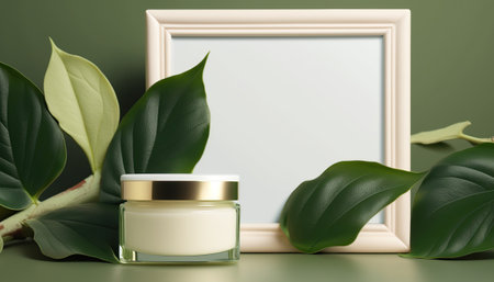 Beauty skincare cream in empty clean glass jar mockup on green leaves and frame with copy space background, organic cosmetic product. horizontal background. advertising poster. AI generative image.の素材