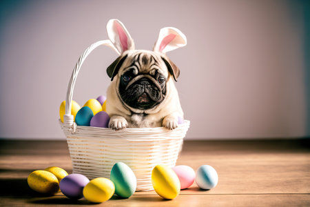 Spring holiday greeting card template with funny puppy wearing rabbit ears. AI generated picture.の素材